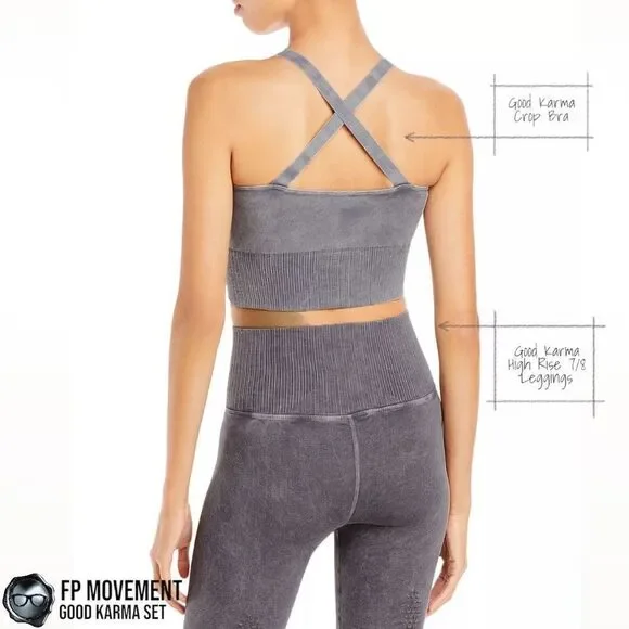 FP MOVEMENT GOOD KARMA SET: CROP TANK BRA + HIGH RISE LEGGINGS IN GREY PURPLE - Picture 7 of 16